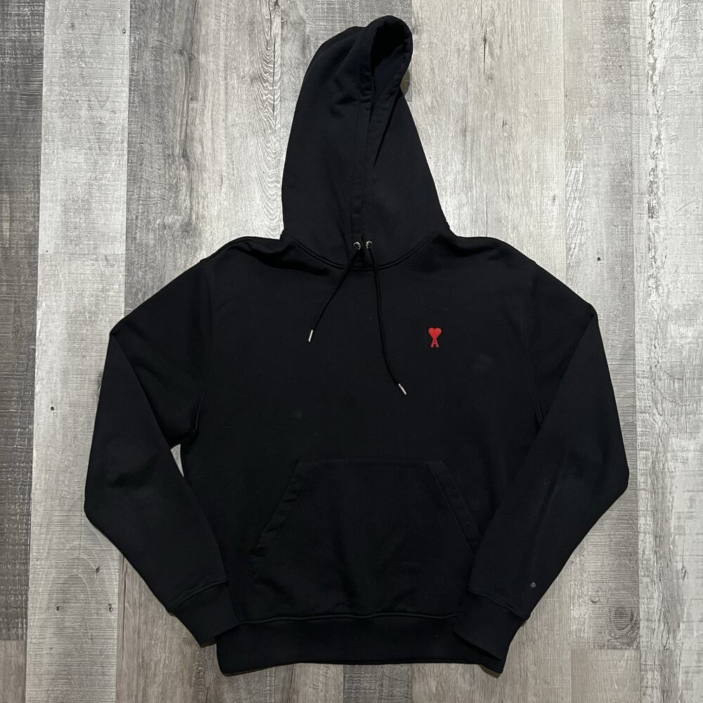 Ami Hoodie Alexandre Mattiussi Black Organic Cotton Red Heart Logo Sz Large